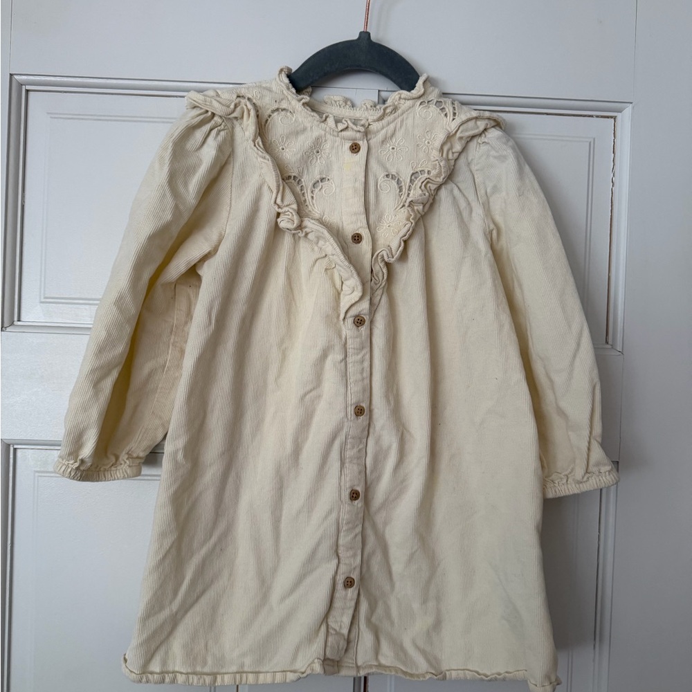 Zara 3T-4T Ivory Ruffle Button-Front Corduroy Dress